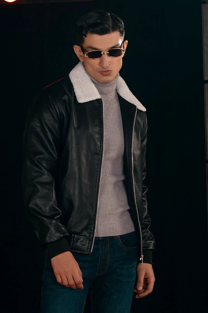 Sherpa collar leather sales jacket