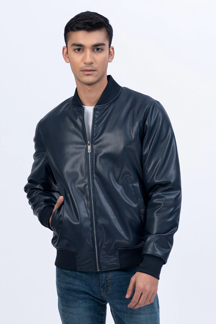 Navy Faux Leather Jacket