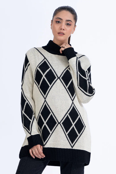 Stone Diamond Pattern High Neck Sweater
