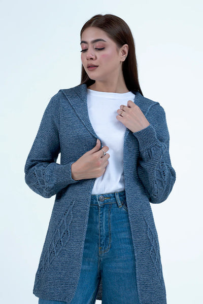 Knitted Front Open Blue Cardigan