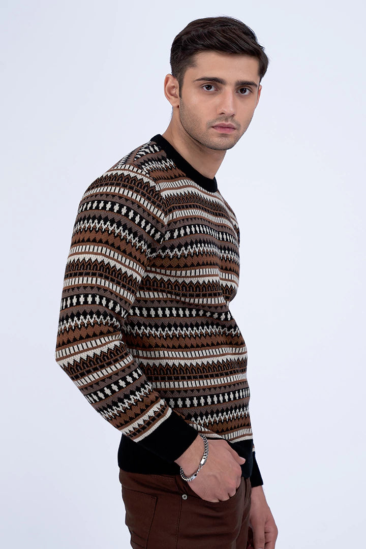 Brown Jacquard  Knitted Sweater