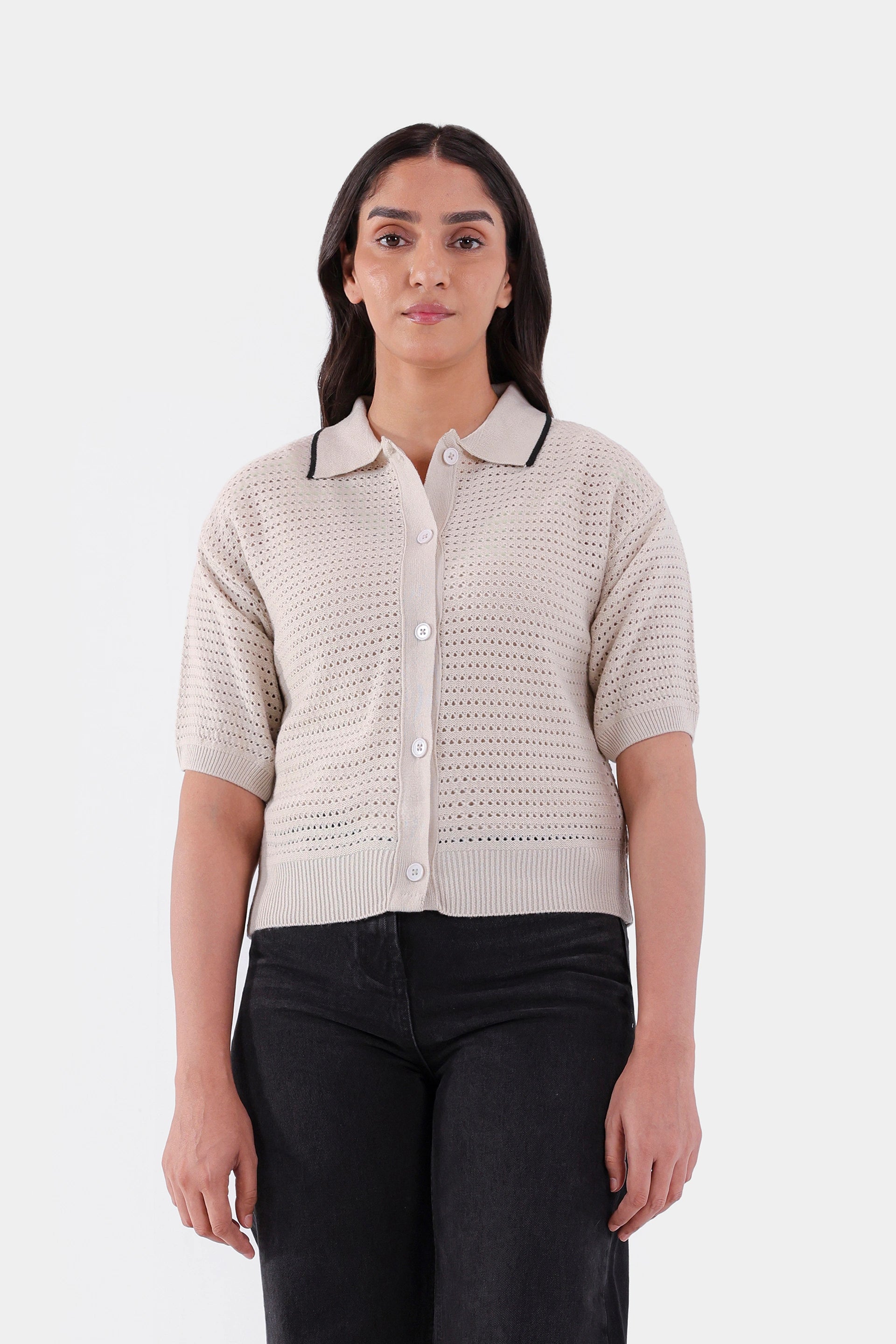 Crochet Knit Button-Front Cardigan - Cougar Clothing