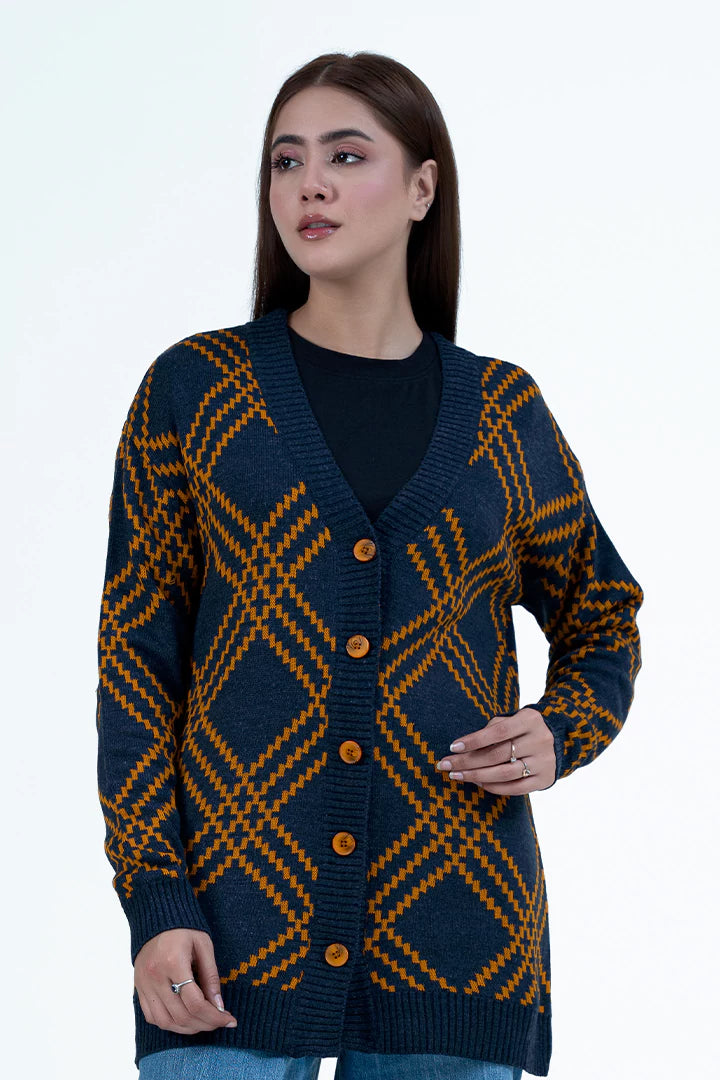 Navy Diamond Pattern Knitted Cardigan