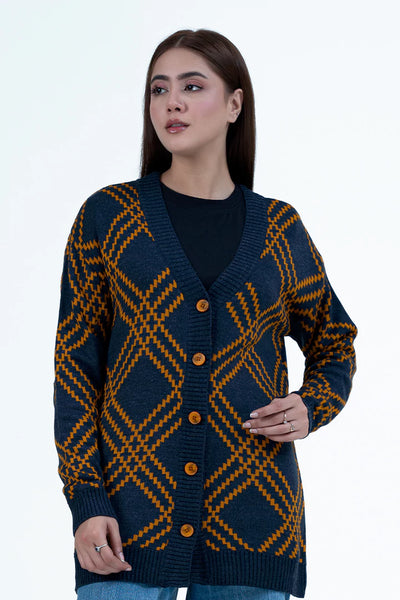 Navy Diamond Pattern Knitted Cardigan
