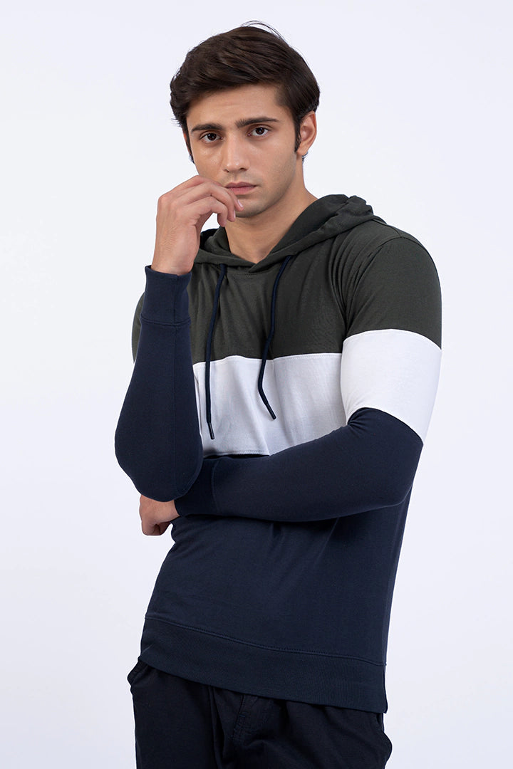 Olive Color Block Hooded T-Shirt