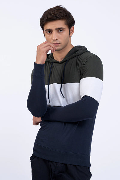 Olive Color Block Hooded T-Shirt
