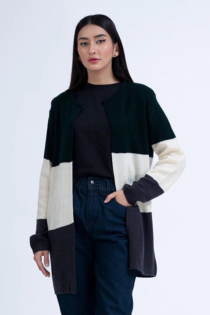 Round Neck Tri-Color Cardigan