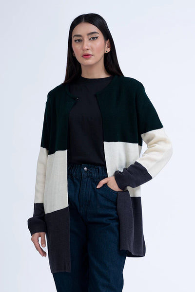 Round Neck Tri-Color Cardigan