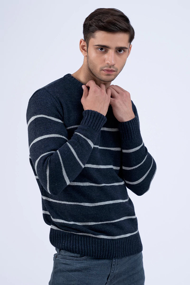 Ribbed Neck Contrast Striped Sweater