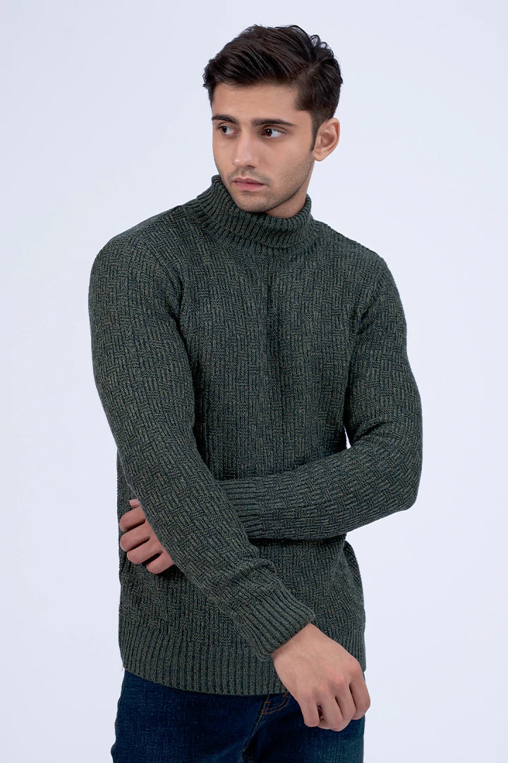 Green Turtleneck Ribbed Sweater