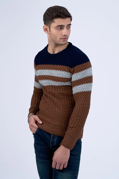 Brown Color Block Jacquard Sweater