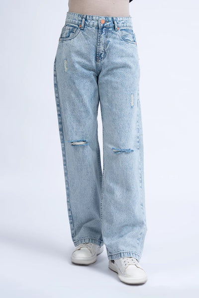 Light Blue Ripped Straight Fit Jeans