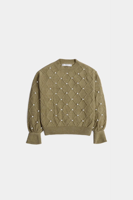 Cable Knit Sweater With Pearl Details - Cougar Clothing