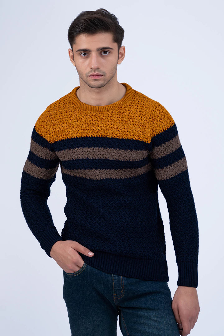 Navy Color Block Jacquard Sweater