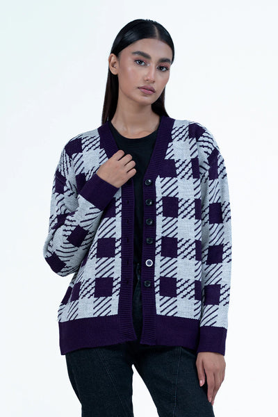 Purple Checkered Cardigan