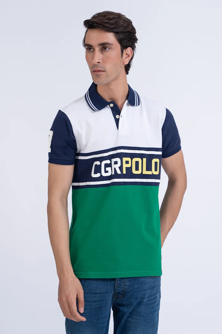 Green Color Block Scripted Polo