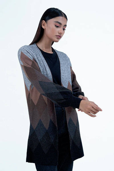 Grey Contrast Argyle Pattern Cardigan