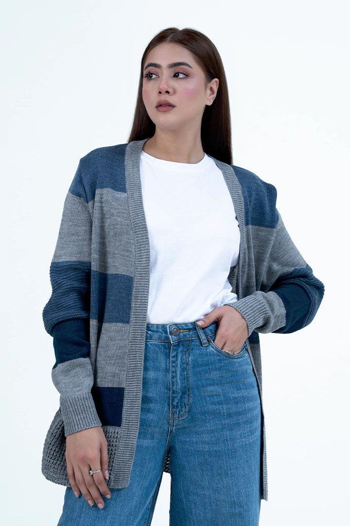 Grey Bold Striped Cardigan Sweater