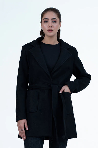 Belted Black Tweed Coat