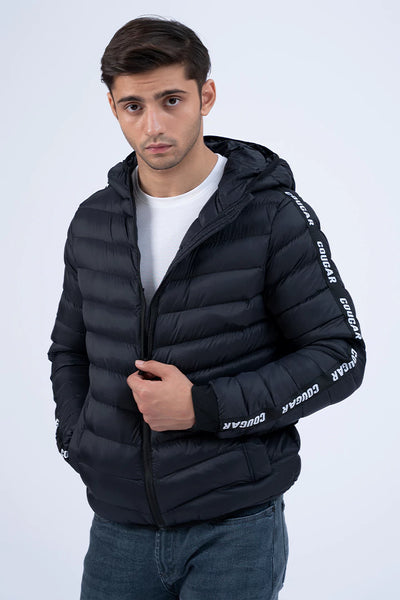 Black Sleeve Scripted Puffer Jacket