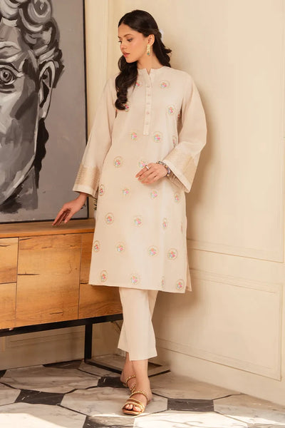 Beige Embroidered Kurti With Trousers