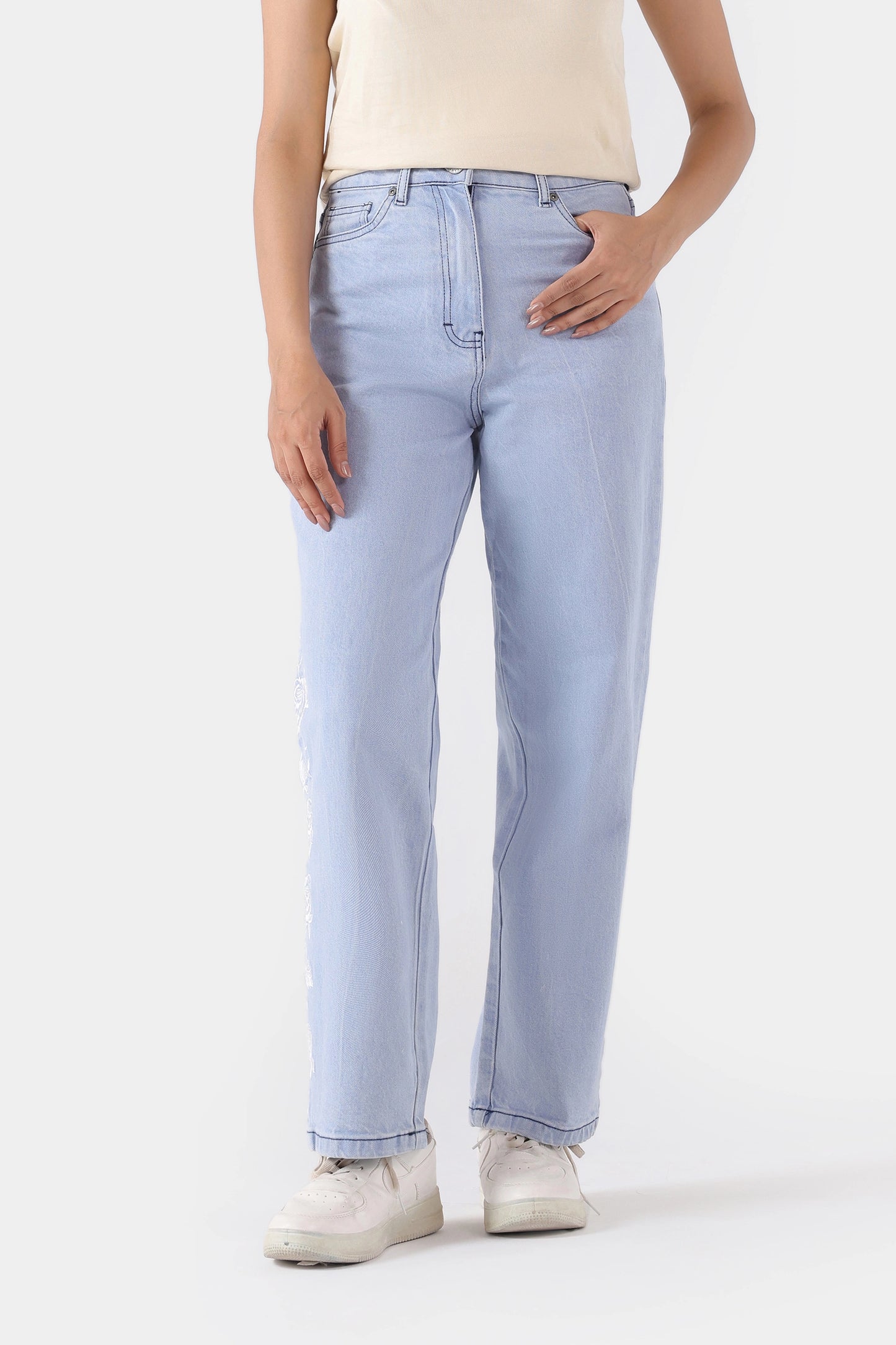 Straight Wide Leg Embriodered Jeans - Cougar Clothing