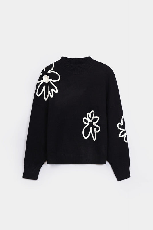 Knit Sweater With Floral Applique - Cougar Clothing
