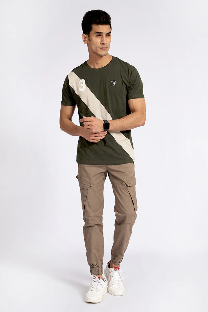 Contrast Diagonal Striped Olive T-Shirt