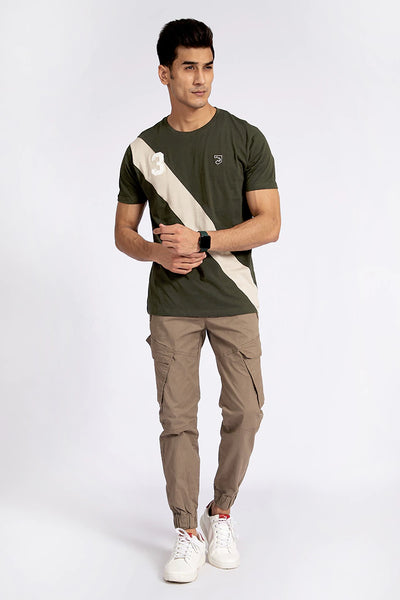 Contrast Diagonal Striped Olive T-Shirt
