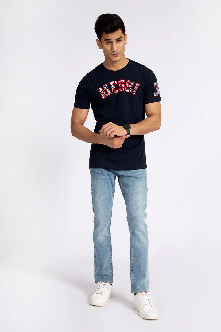 Dark Navy Round Neck Text T-Shirt