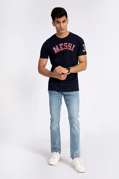 Dark Navy Round Neck Text T-Shirt