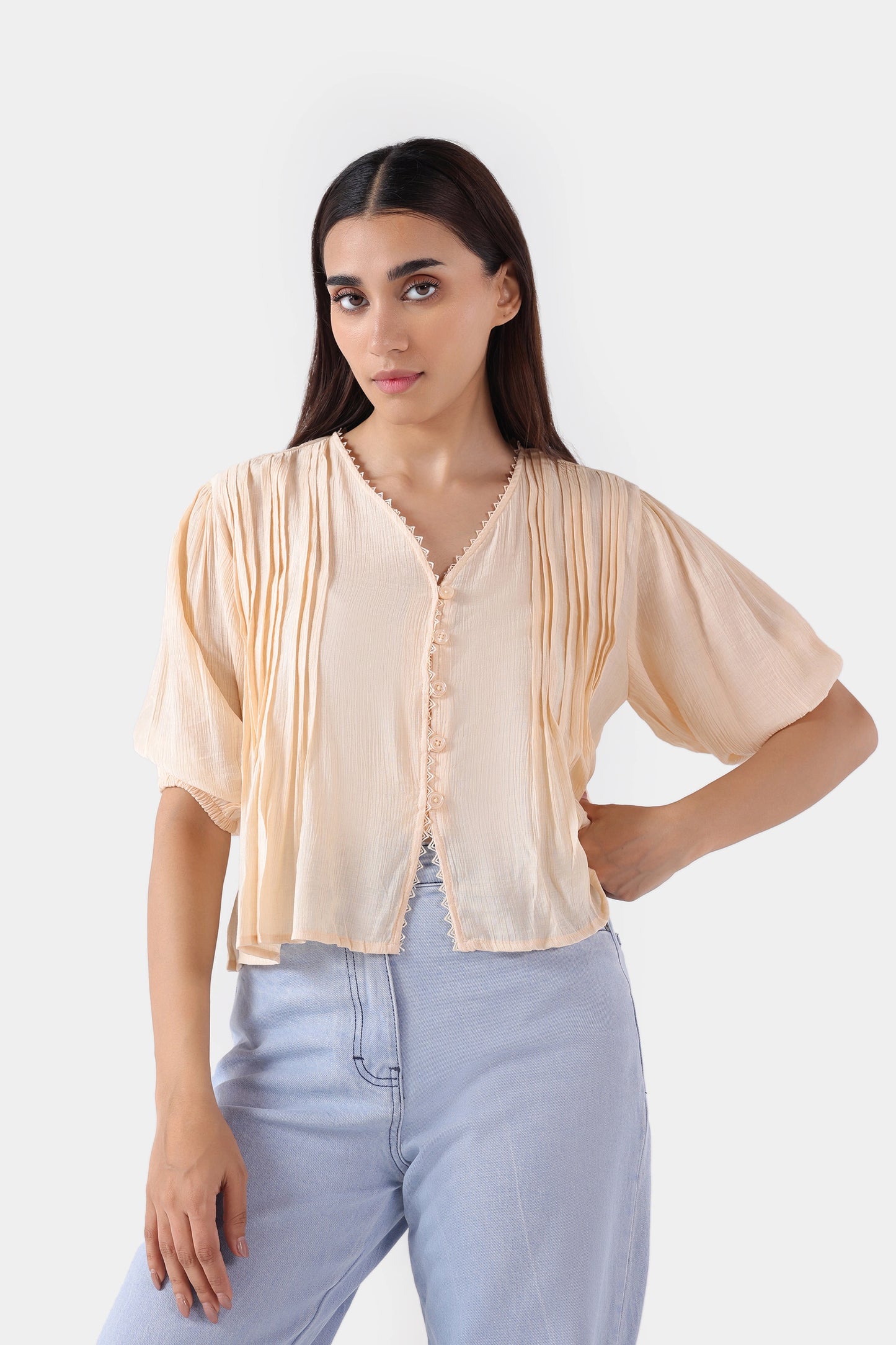 Pleated Lace Trim Top - Cougar Clothing