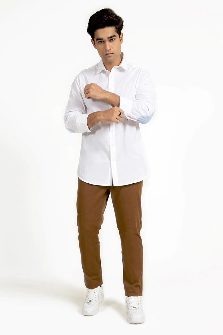 White Regular Fit Elbow Patches Casual Shirt