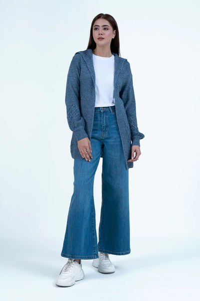 Knitted Front Open Blue Cardigan