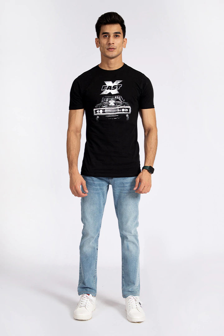 Round Neck Black Graphic T-Shirt