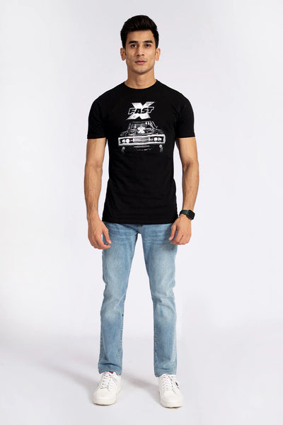Round Neck Black Graphic T-Shirt