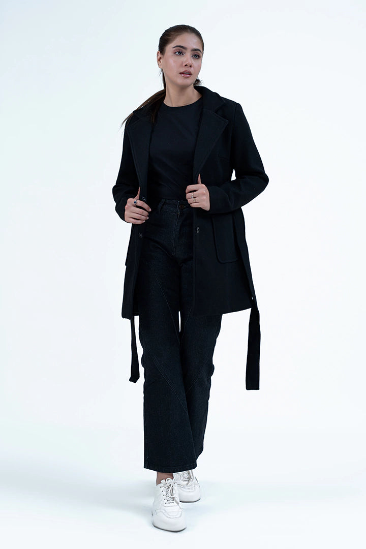 Belted Black Tweed Coat