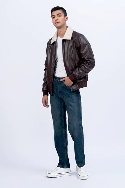 Sherpa Collar Coffee Faux Leather Jacket