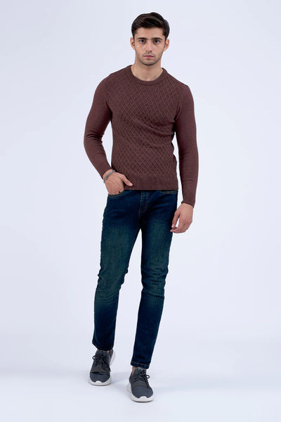 Brown Textured Knitted Jacquard Sweater