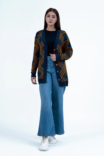 Navy Diamond Pattern Knitted Cardigan