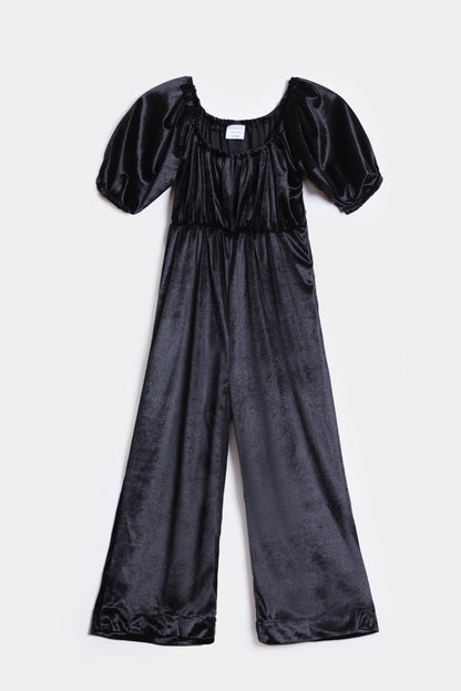 Puff Sleeves Velvet Jumpsuit - Cougar Clothing
