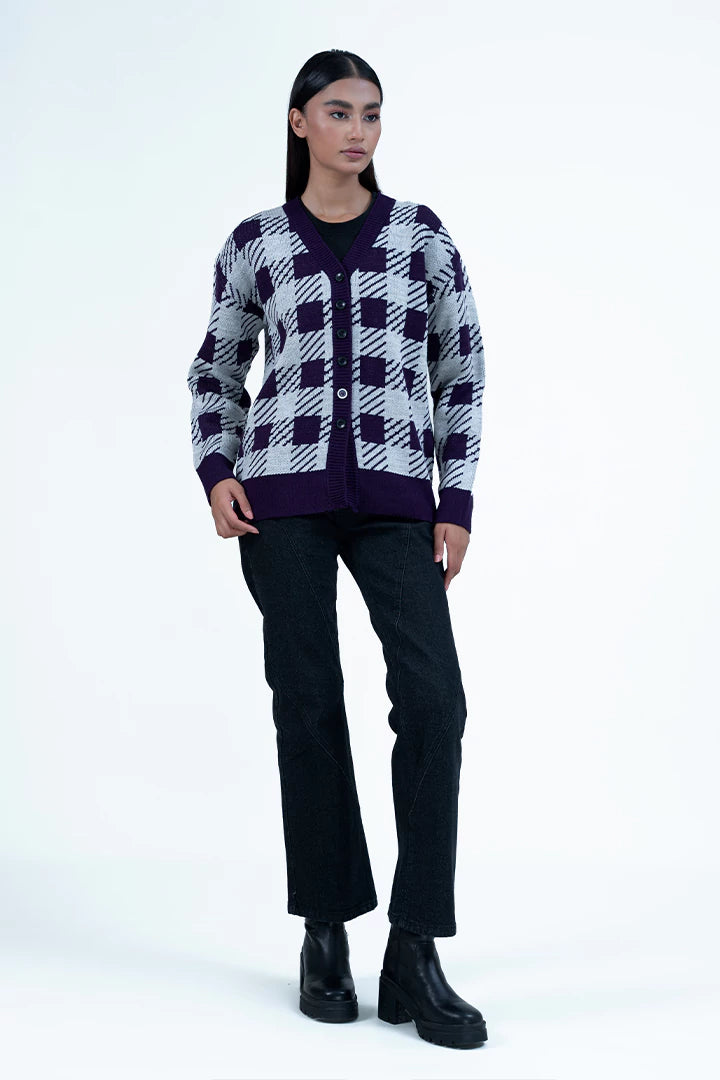 Purple Checkered Cardigan