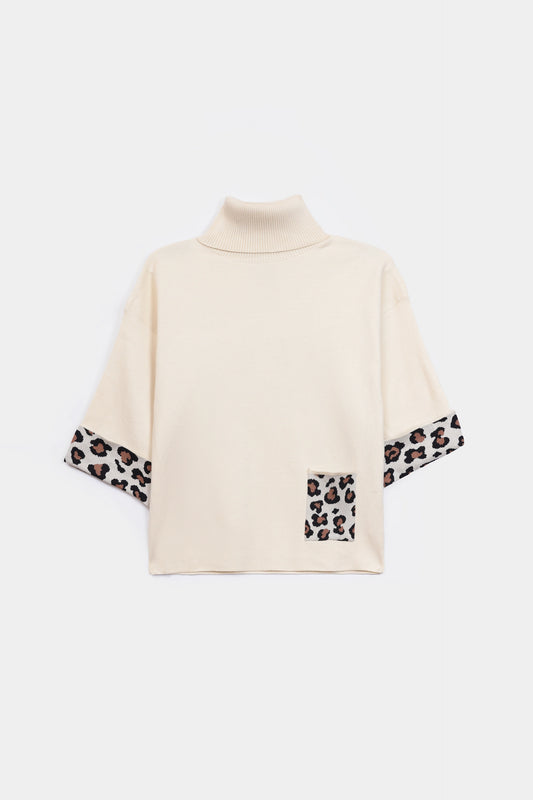 Sweater With Leopard Print Cuffs and Pocket - Cougar Clothing