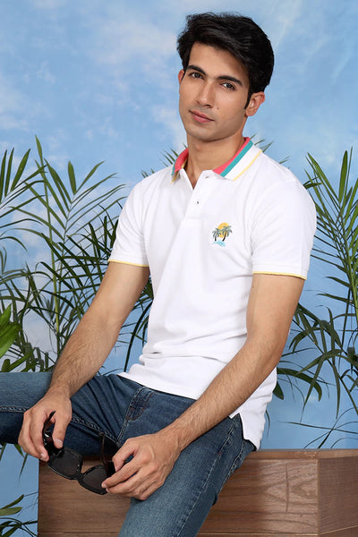 Tipped White Embroidered Polo