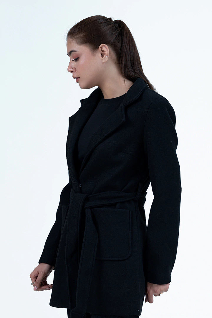 Belted Black Tweed Coat