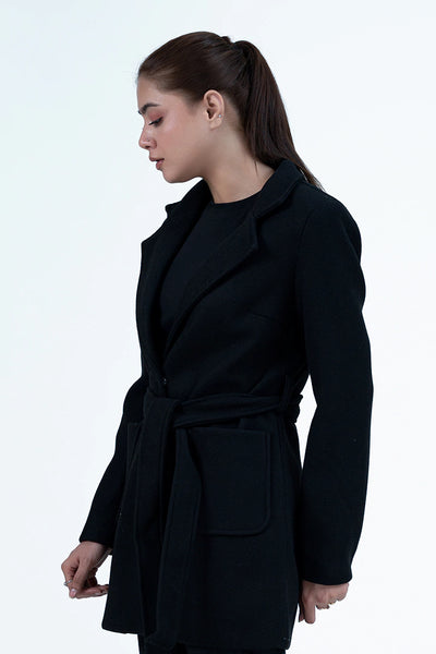 Belted Black Tweed Coat