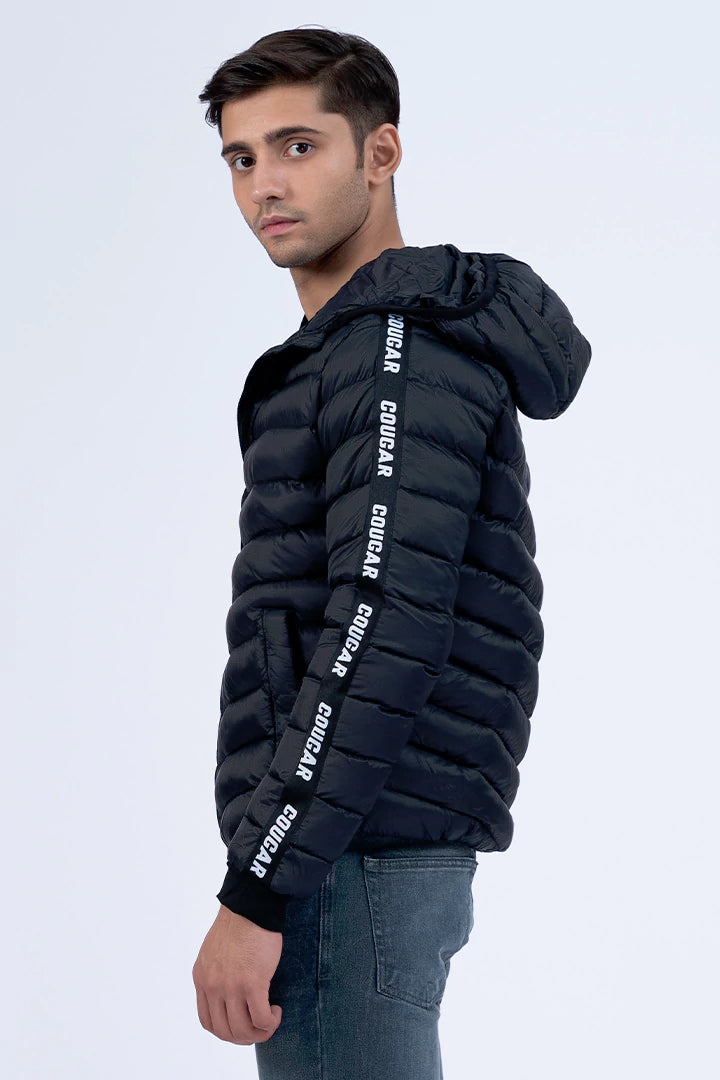 Black Sleeve Scripted Puffer Jacket