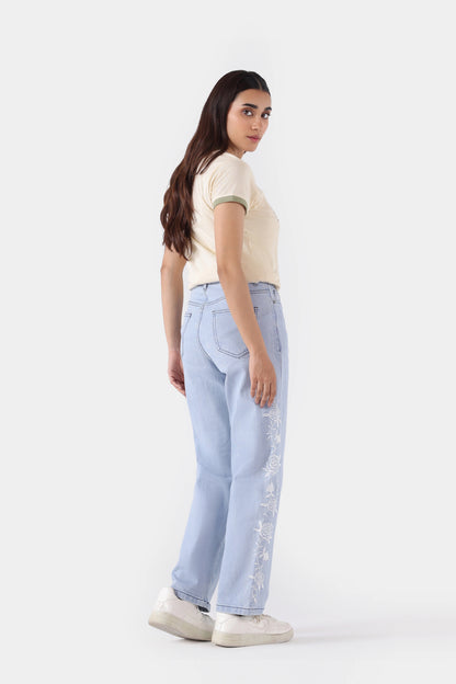 Straight Wide Leg Embriodered Jeans - Cougar Clothing