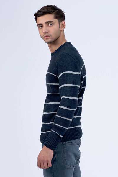 Ribbed Neck Contrast Striped Sweater