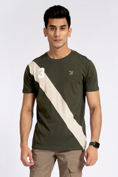 Contrast Diagonal Striped Olive T-Shirt